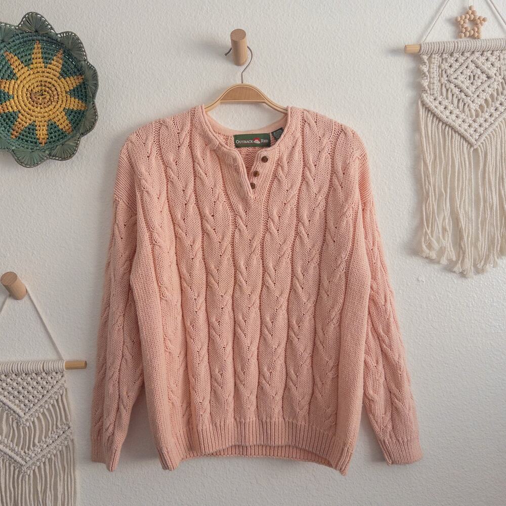 Outback Red Vintage Pink Ramie Cotton Cable Knit Sweater Fisherman Size Medium